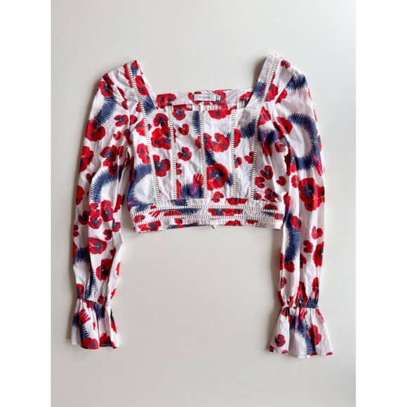 ISOLDA Floral Print Cotton Voile Embroidered Cropped Long Sleeve Blouse, Size 2 - Picture 9 of 16